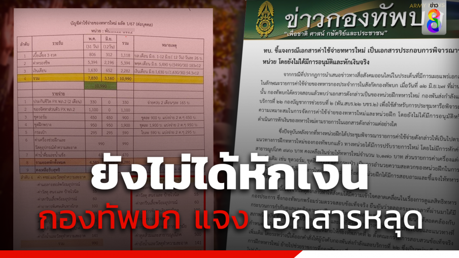 กองทัพบก แจงเอกสารก่อนประชุมหลุด ยังไม่ได้หักเงินทหารเกณฑ์จริง